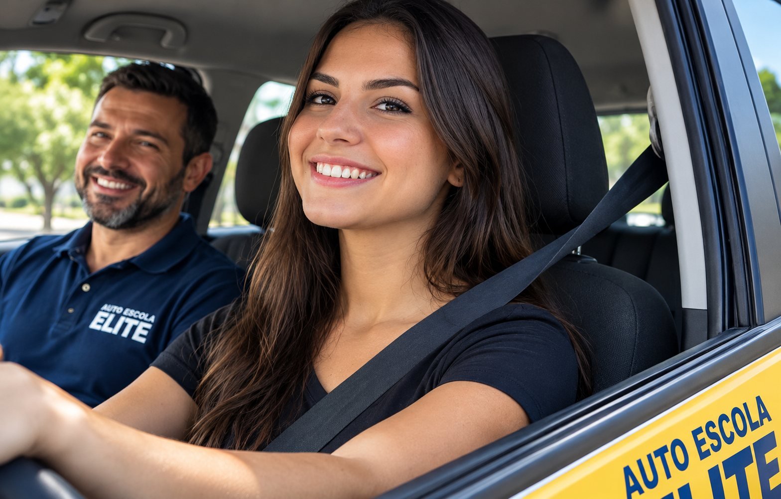 Aluna sorrindo ao volante de um carro da Auto Escola Elite, com o instrutor ao lado